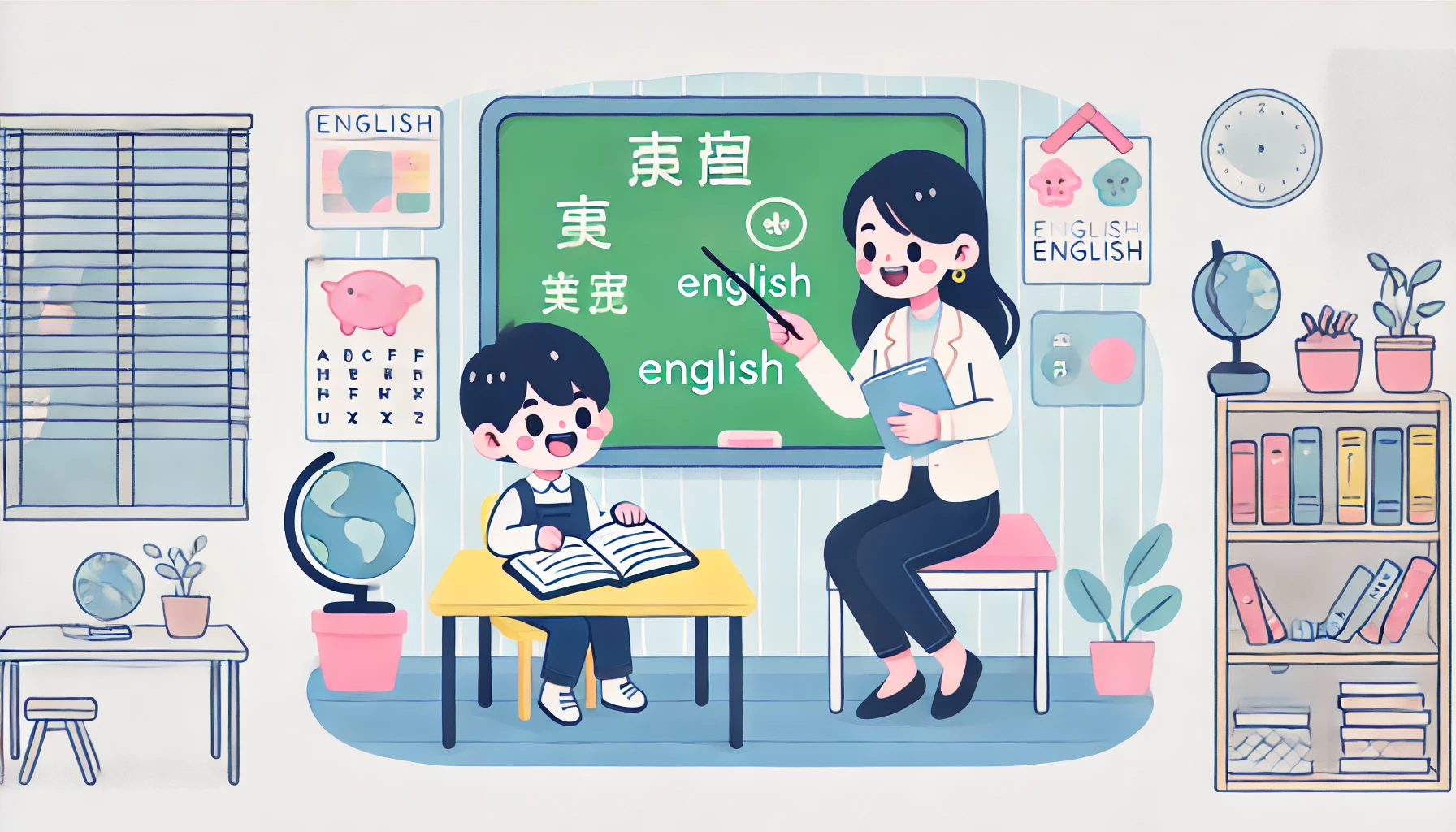 1729225409812474.jpg DALL·E 2024-10-18 12.20.14 - A flat illustration style (2D) showing a young Chinese child, around 6 years old, learning English with a teacher. The child is sitting at a desk.jpg