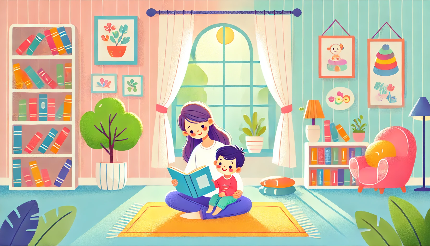 1729225446261920.jpg DALL·E 2024-10-17 16.41.28 - A bright and cozy scene of a parent and child reading together in a colorful living room. The child, around 4 years old, is sitting on the parent's la.jpg