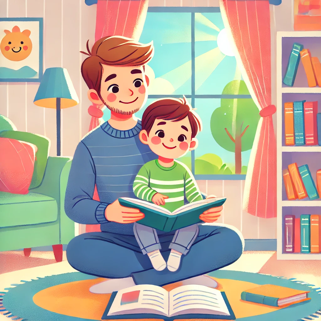 1729225457470511.jpg DALL·E 2024-10-17 16.42.03 - A bright and cozy scene of a parent and child reading together in a colorful living room. The child, around 4 years old, is sitting on the parent's la.jpg