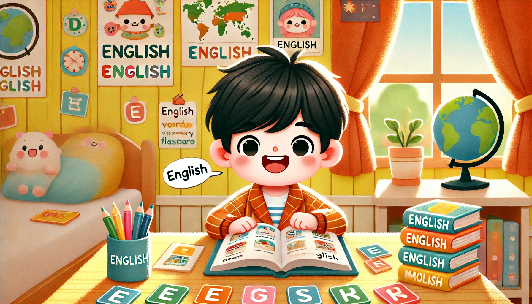 1729225489956055.jpg DALL·E 2024-10-18 12.24.31 - A bright and cute 2D cartoon scene showing a young Chinese child, around 6 years old, happily learning English. The child is sitting at a desk with an.jpg